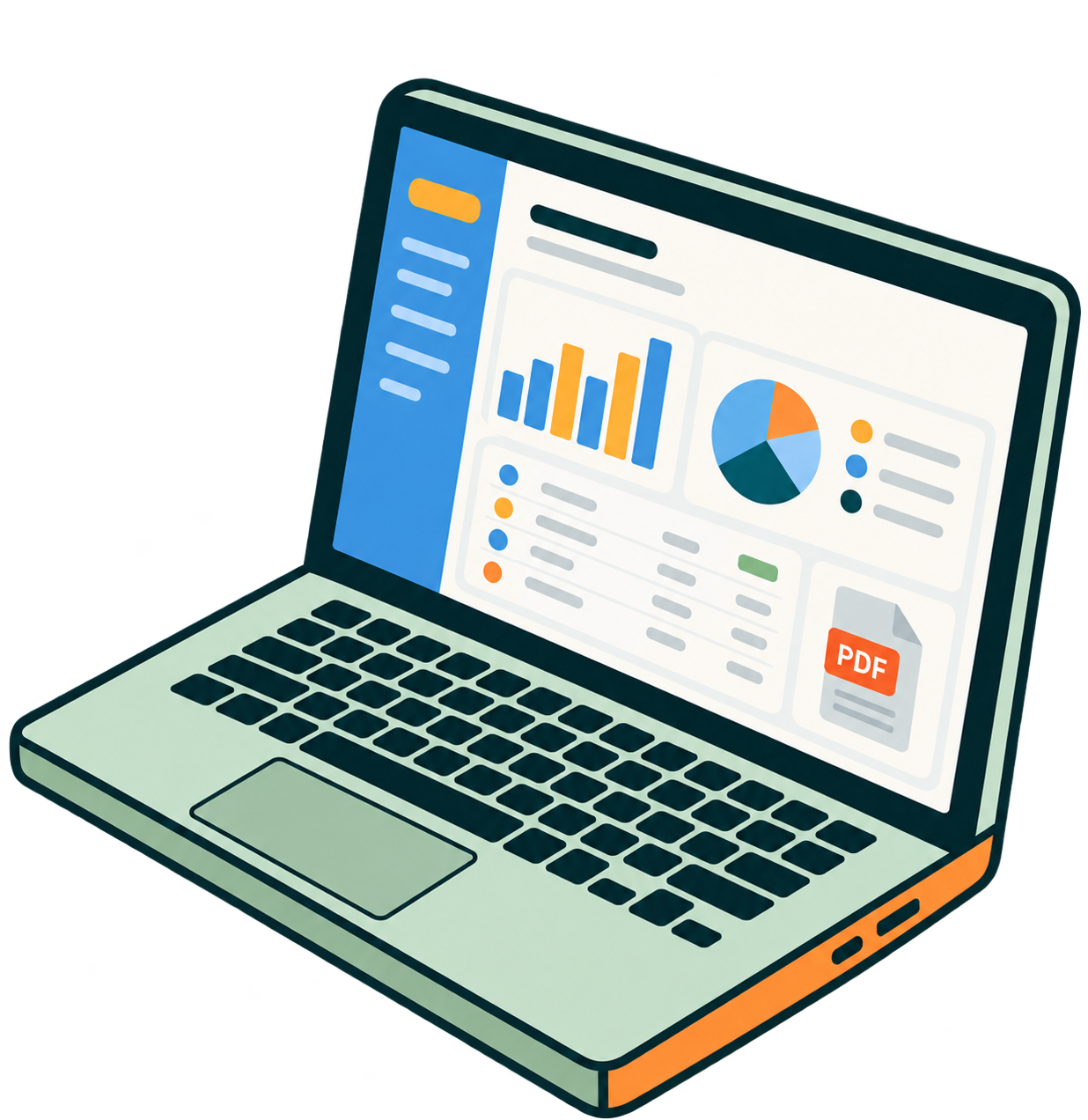 Laptop illustration showing bookkeeping charts and financial reports