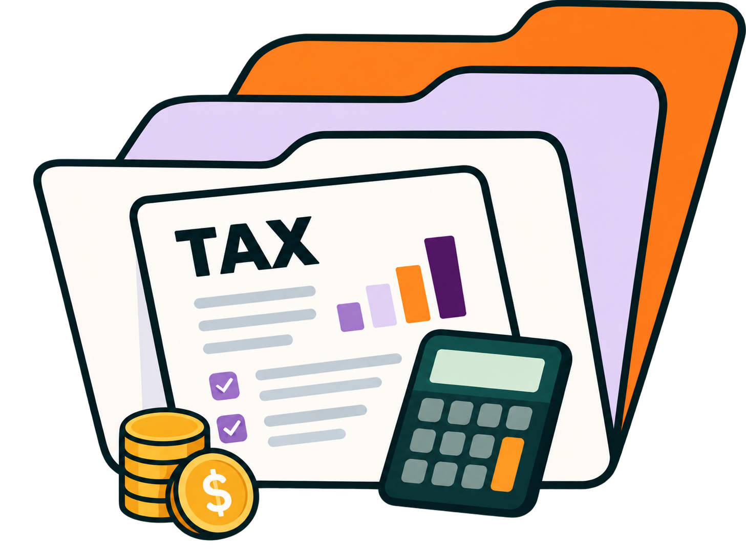 Illustration of tax folders, a calculator and coins
