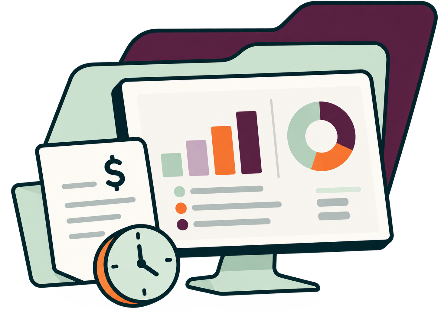 Illustration of a financial dashboard, documents and a clock